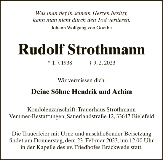 Traueranzeige von Rudolf Strothmann von Neue Westfälische