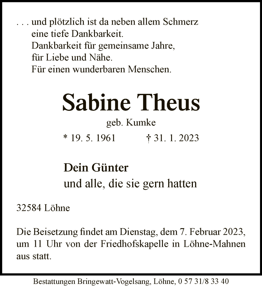  Traueranzeige für Sabine Theus vom 04.02.2023 aus Neue Westfälische