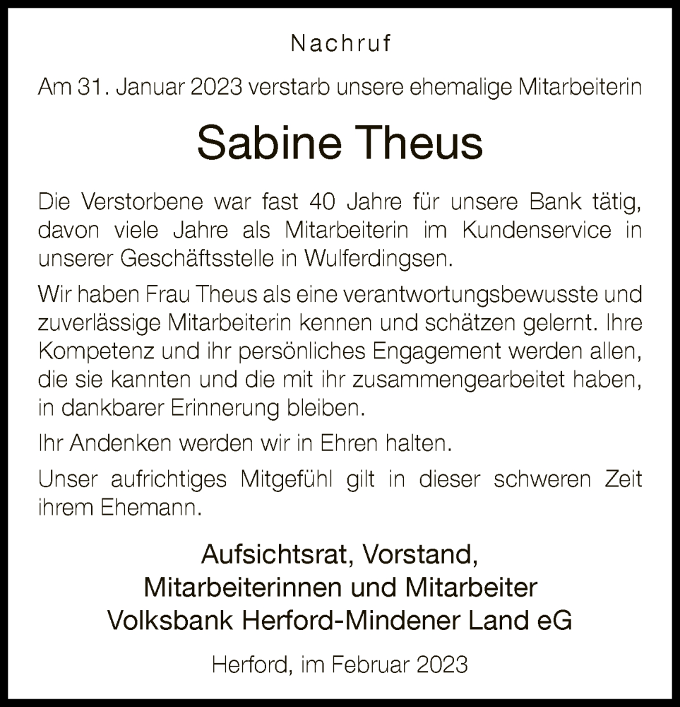  Traueranzeige für Sabine Theus vom 18.02.2023 aus Neue Westfälische