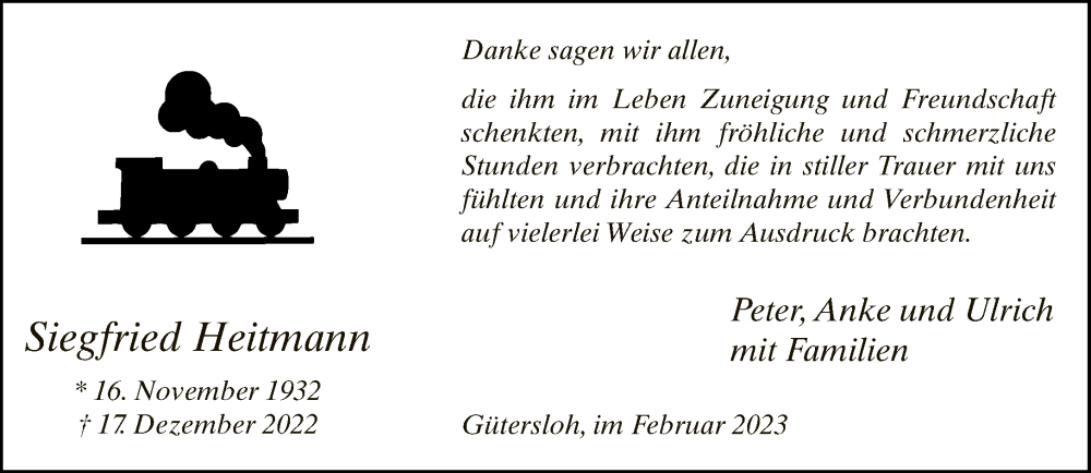  Traueranzeige für Siegfried Heitmann vom 11.02.2023 aus Neue Westfälische