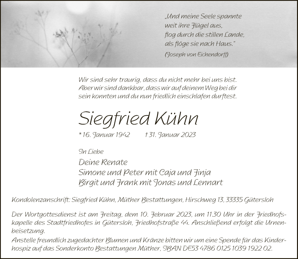  Traueranzeige für Siegfried Kühn vom 07.02.2023 aus Neue Westfälische