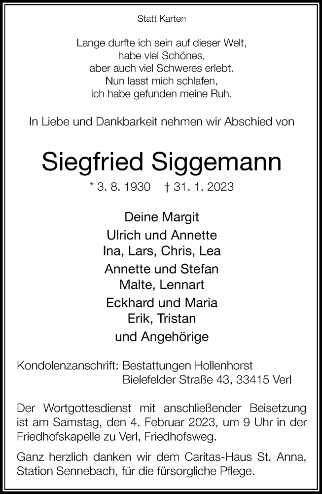  Traueranzeige für Siegfried Siggemann vom 02.02.2023 aus Neue Westfälische