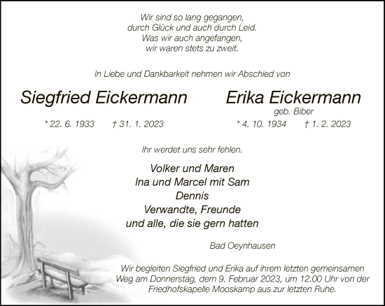 Traueranzeige von Siegfried und Erika Eickermann von Neue Westfälische