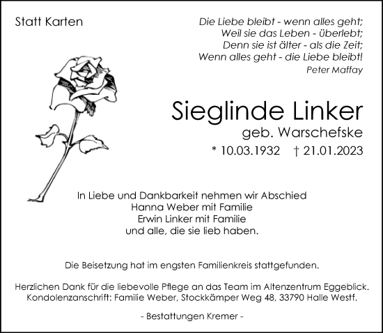 Traueranzeige von Sieglinde Linker von Neue Westfälische