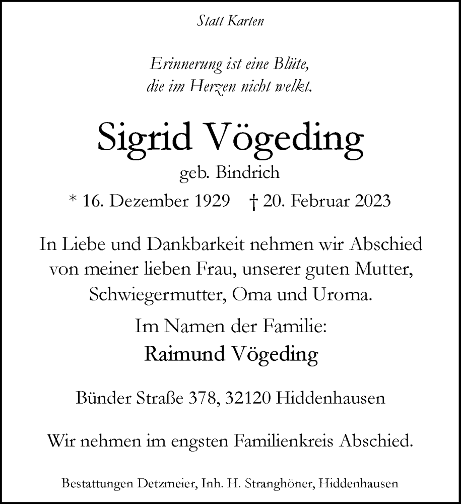  Traueranzeige für Sigrid Vögeding vom 25.02.2023 aus Neue Westfälische