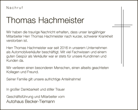 Traueranzeige von Thomas Hachmeister von Neue Westfälische