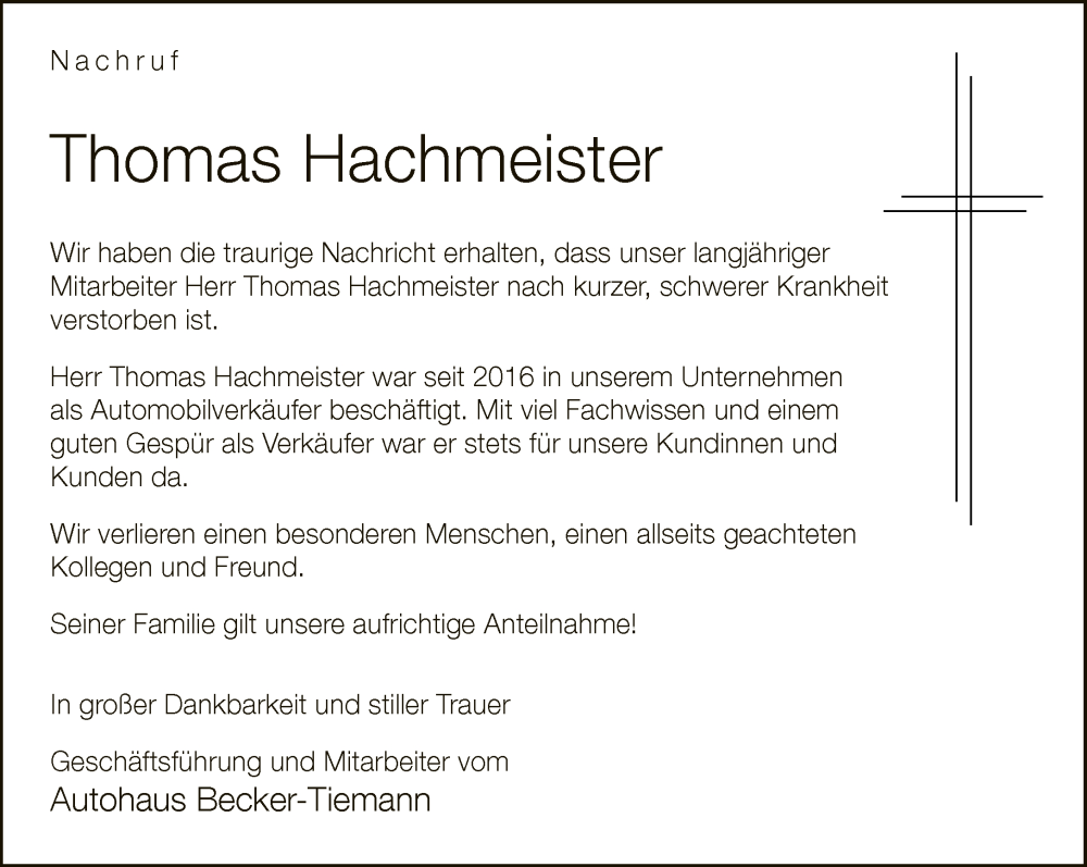  Traueranzeige für Thomas Hachmeister vom 04.02.2023 aus Neue Westfälische