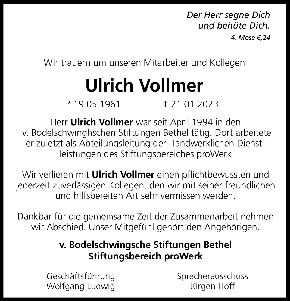  Traueranzeige für Ulrich Vollmer vom 04.02.2023 aus Neue Westfälische