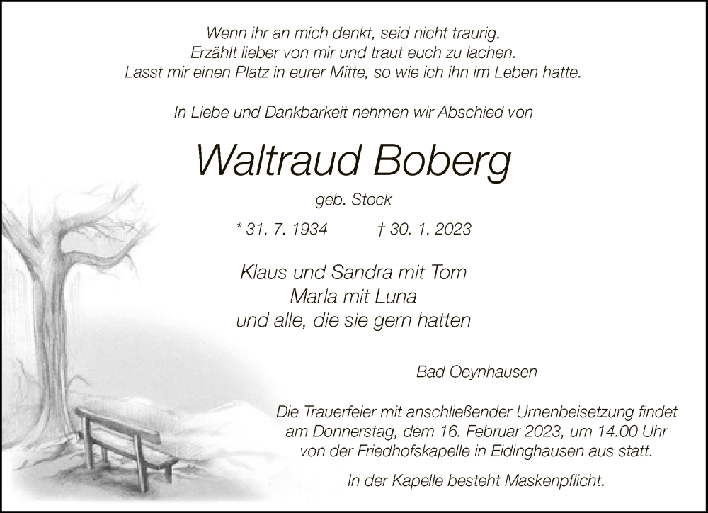  Traueranzeige für Waltraud Boberg vom 04.02.2023 aus Neue Westfälische
