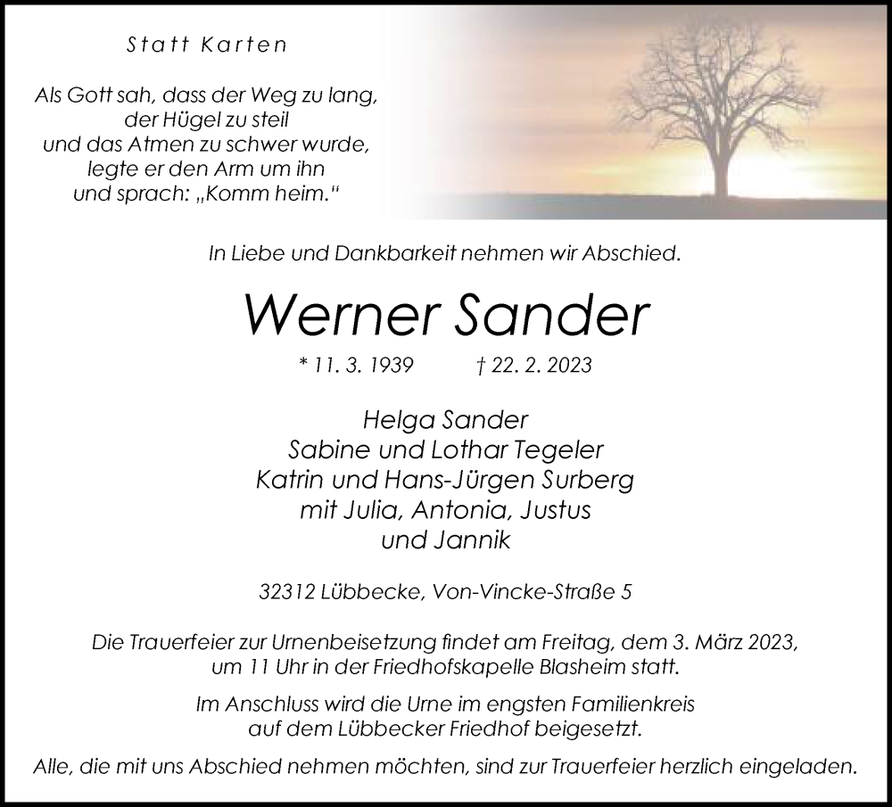  Traueranzeige für Werner Sander vom 24.02.2023 aus Neue Westfälische