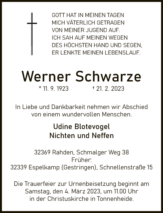 Traueranzeige von Werner Schwarze von Neue Westfälische