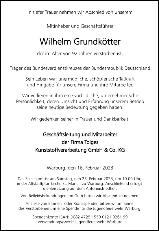 Traueranzeige von Wilhelm Grundkötter von Neue Westfälische