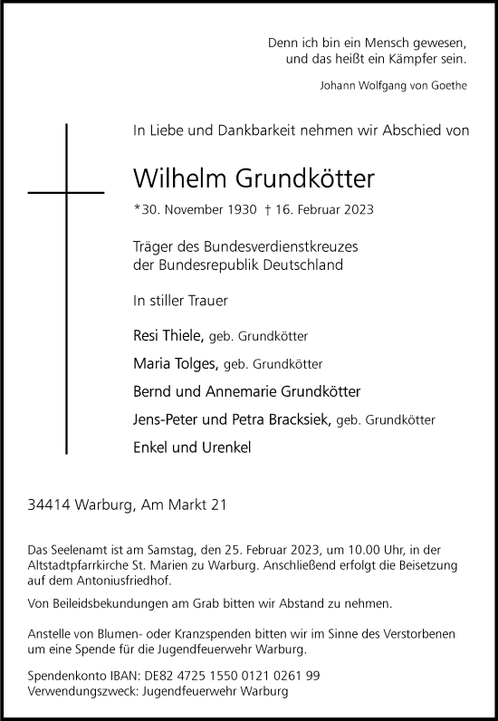 Traueranzeige von Wilhelm Grundkötter von Neue Westfälische