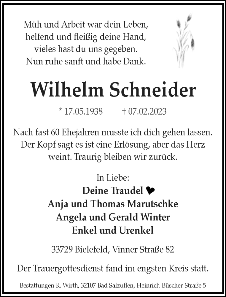  Traueranzeige für Wilhelm Schneider vom 25.02.2023 aus Neue Westfälische