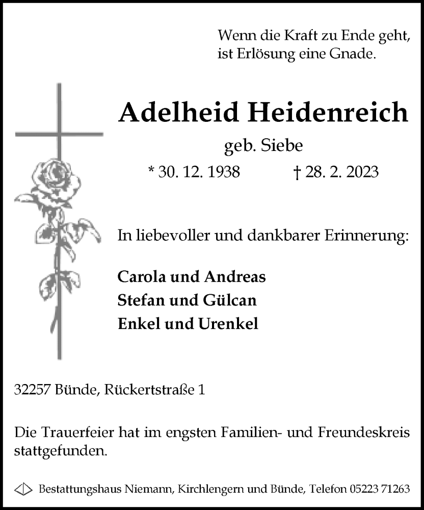  Traueranzeige für Adelheid Heidenreich vom 08.03.2023 aus Neue Westfälische