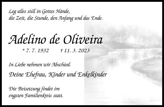 Traueranzeige von Adelino de Oliveira von Neue Westfälische