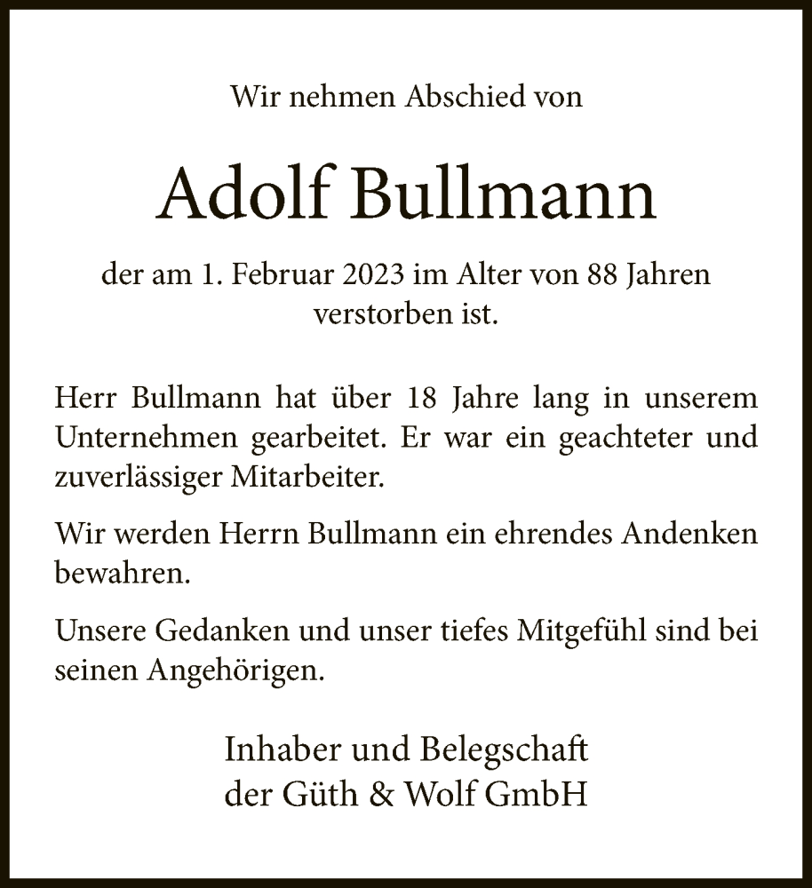  Traueranzeige für Adolf Bullmann vom 11.03.2023 aus Neue Westfälische