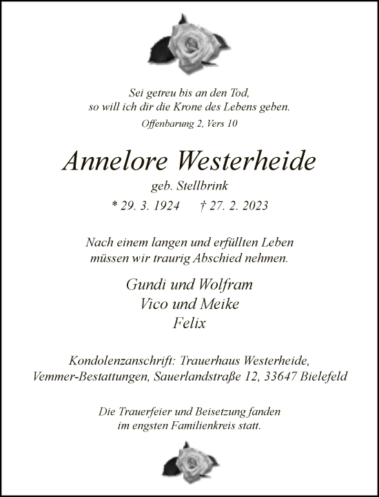 Traueranzeige von Annelore Westerheide von Neue Westfälische