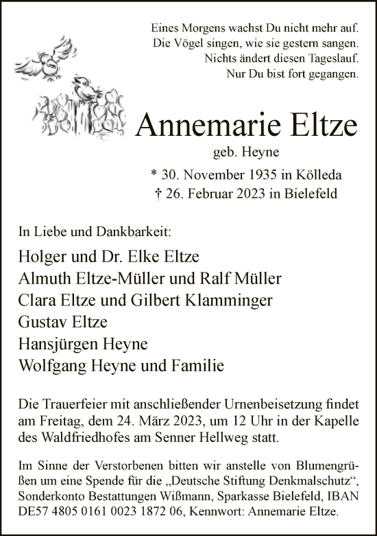 Traueranzeige von Annemarie Eltze von Neue Westfälische