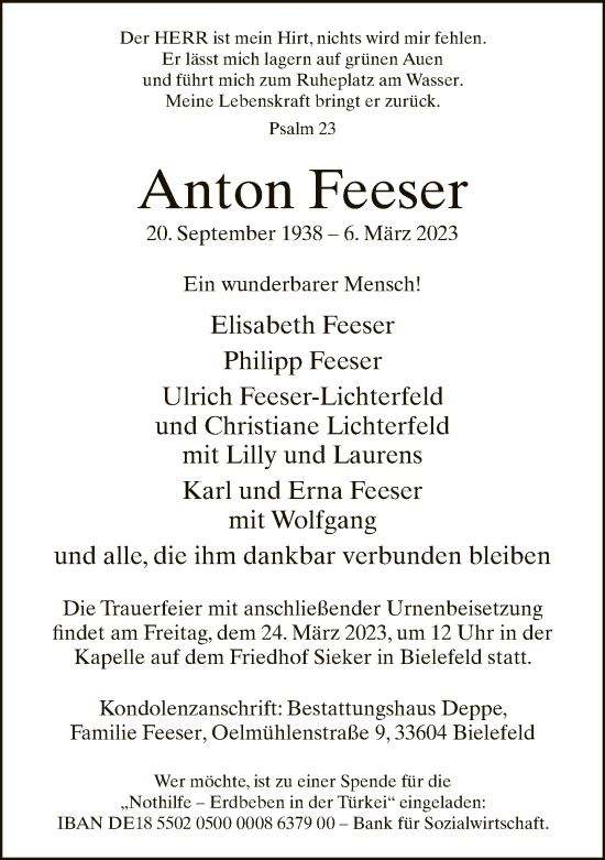 Traueranzeige von Anton Feeser von Neue Westfälische
