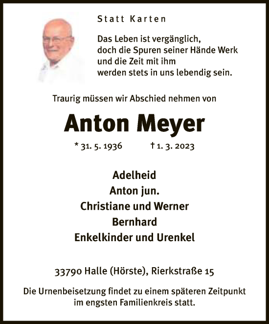 Traueranzeige von Anton Meyer von Neue Westfälische