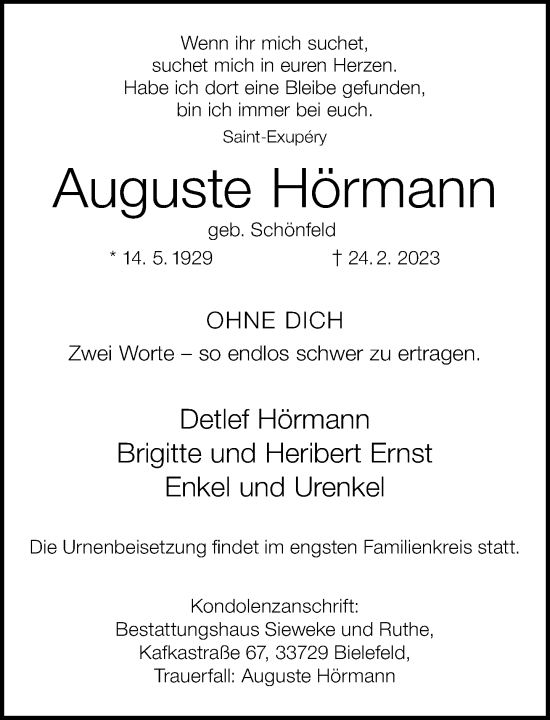 Traueranzeige von Auguste Hörmann