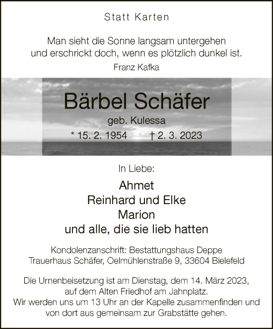 Traueranzeige von Bärbel Schäfer von Neue Westfälische