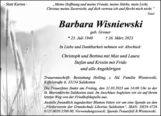 Traueranzeige von Barbara Wisniewski von Neue Westfälische