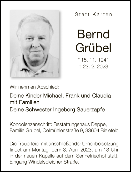 Traueranzeige von Bernd Grübel von Neue Westfälische