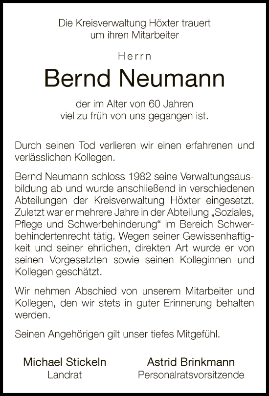 Traueranzeige von Bernd Neumann von Neue Westfälische