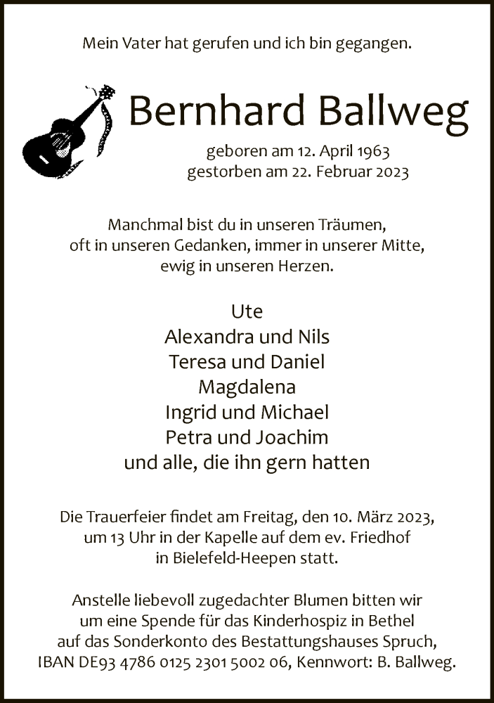  Traueranzeige für Bernhard Ballweg vom 04.03.2023 aus Neue Westfälische