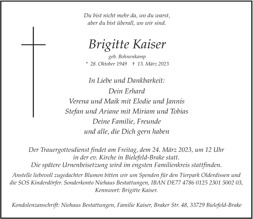  Traueranzeige für Brigitte Kaiser vom 18.03.2023 aus Neue Westfälische