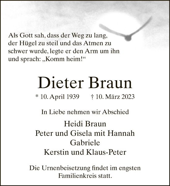 Traueranzeige von Dieter Braun von Neue Westfälische