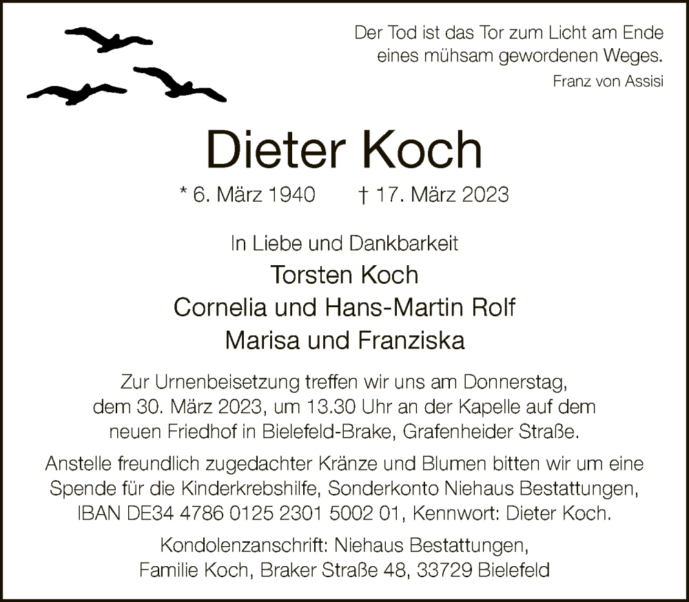  Traueranzeige für Dieter Koch vom 29.03.2023 aus Neue Westfälische