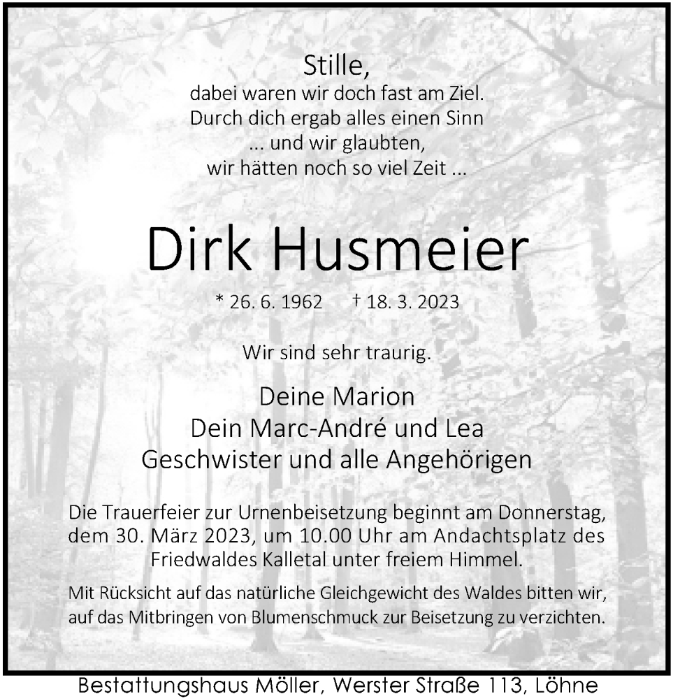  Traueranzeige für Dirk Husmeier vom 25.03.2023 aus Neue Westfälische
