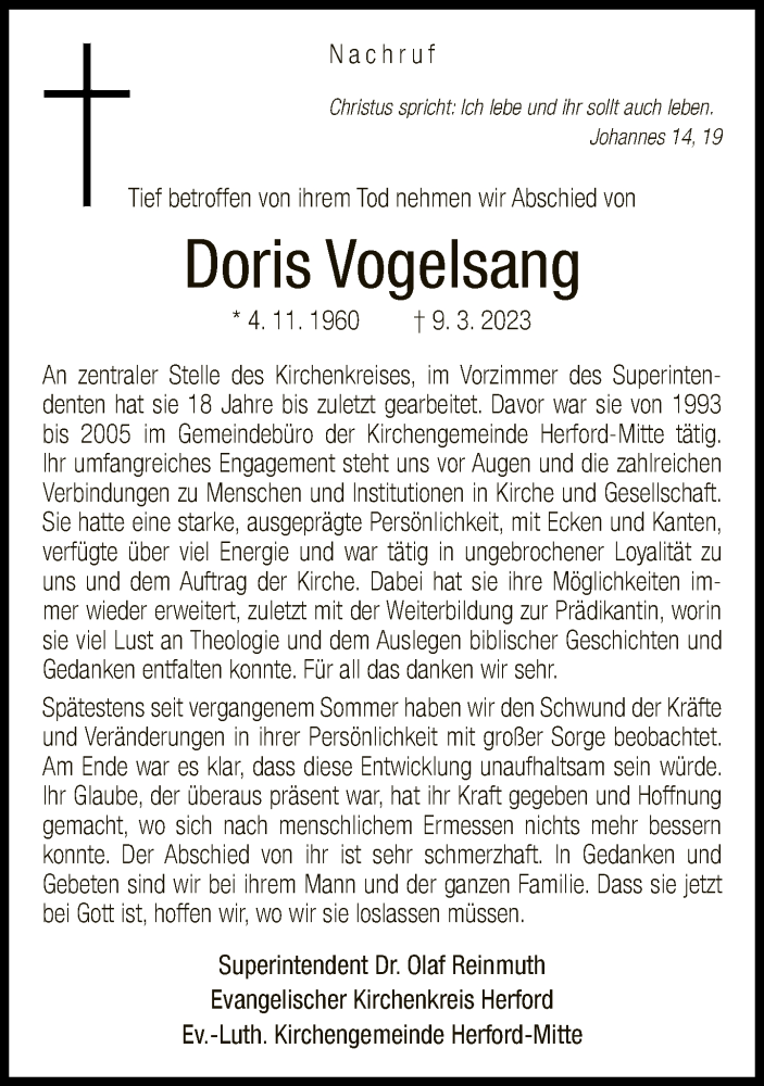 Traueranzeige für Doris Vogelsang vom 16.03.2023 aus Neue Westfälische