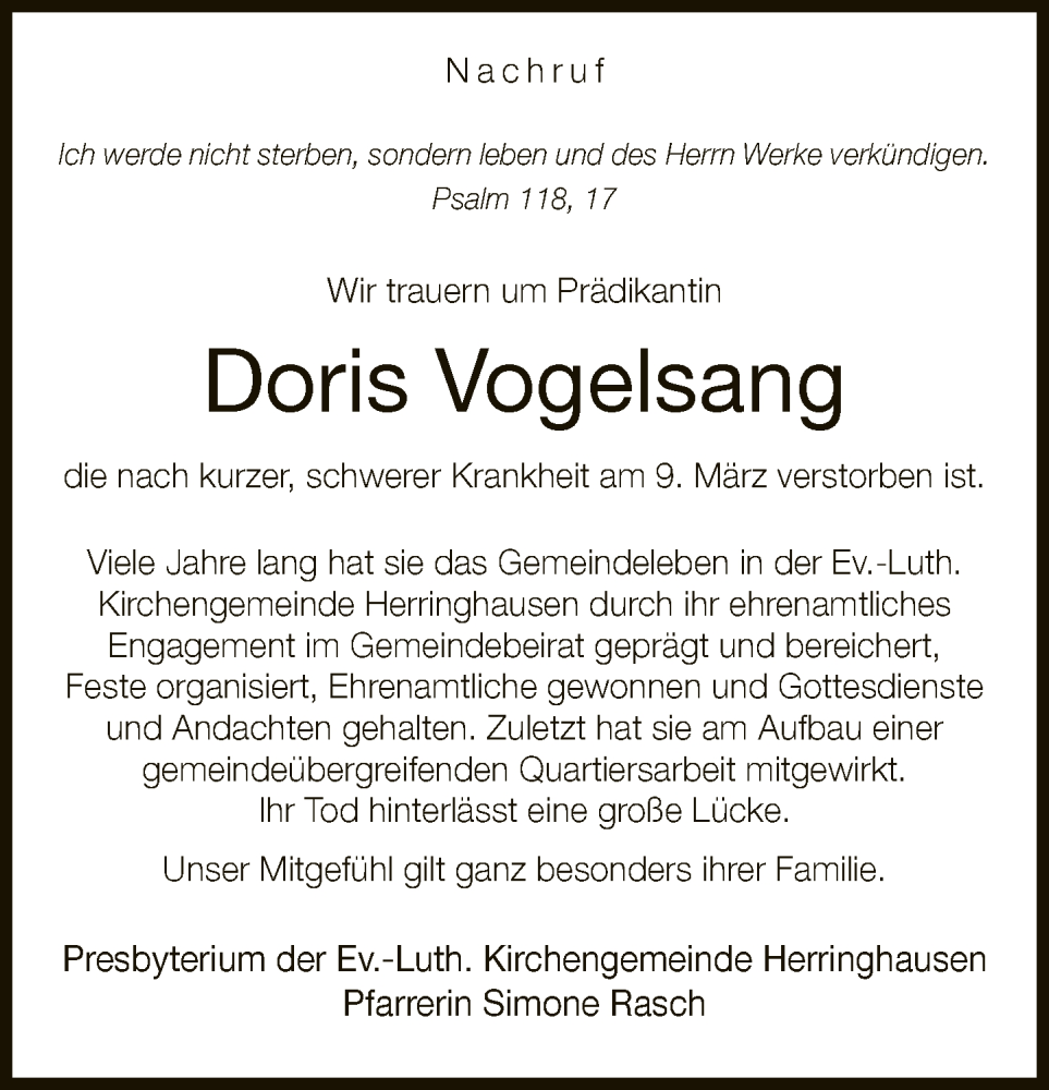 Traueranzeige für Doris Vogelsang vom 17.03.2023 aus Neue Westfälische