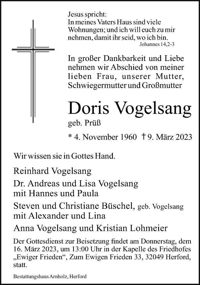  Traueranzeige für Doris Vogelsang vom 11.03.2023 aus Neue Westfälische