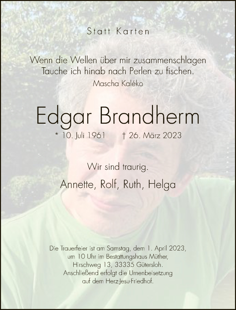  Traueranzeige für Edgar Brandherm vom 29.03.2023 aus Neue Westfälische