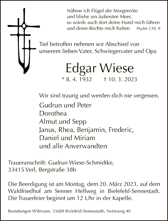 Traueranzeige von Edgar Wiese von Neue Westfälische