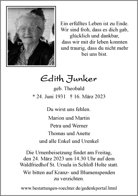 Traueranzeige von Edith Junker von Neue Westfälische