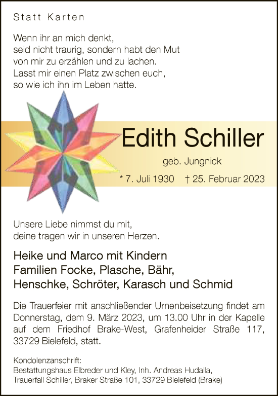 Traueranzeige von Edith Schiller von Neue Westfälische