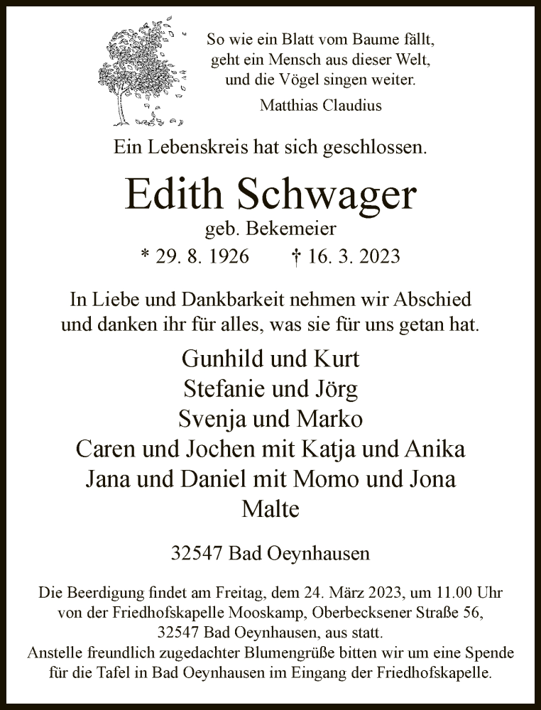  Traueranzeige für Edith Schwager vom 22.03.2023 aus Neue Westfälische