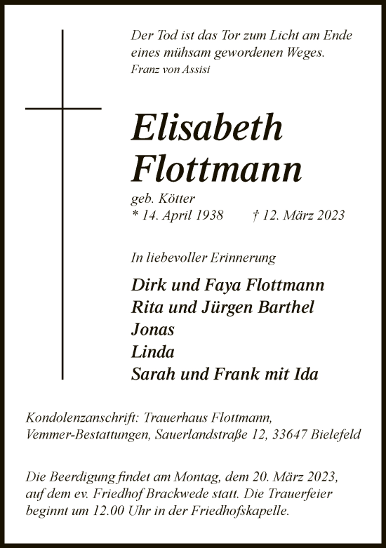 Traueranzeige von Elisabeth Flottmann von Neue Westfälische
