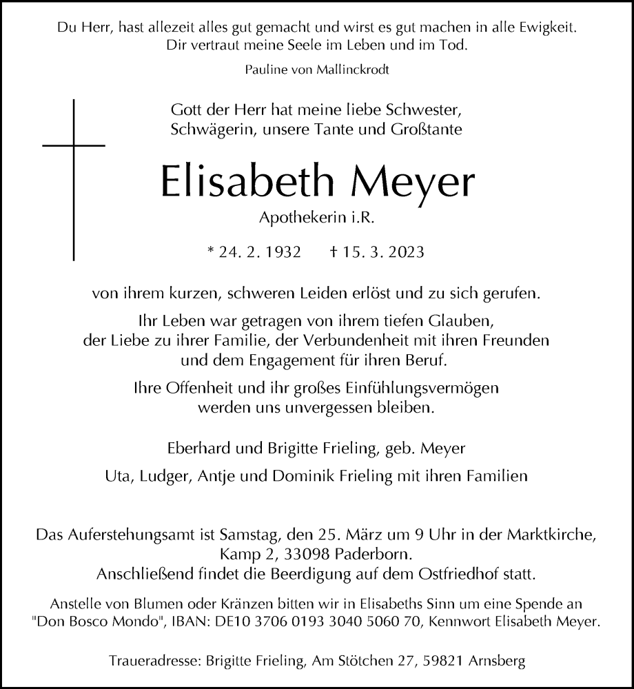  Traueranzeige für Elisabeth Meyer vom 18.03.2023 aus Neue Westfälische