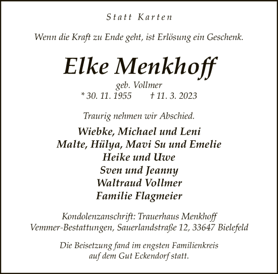 Traueranzeige von Elke Menkhoff von Neue Westfälische