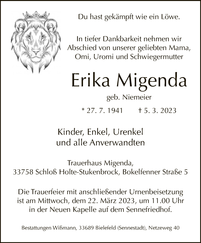  Traueranzeige für Erika Migenda vom 15.03.2023 aus Neue Westfälische