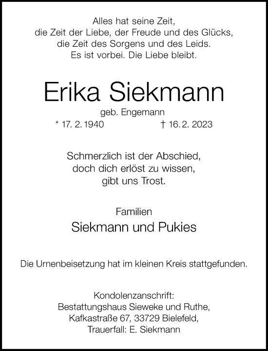 Traueranzeige von Erika Siekmann