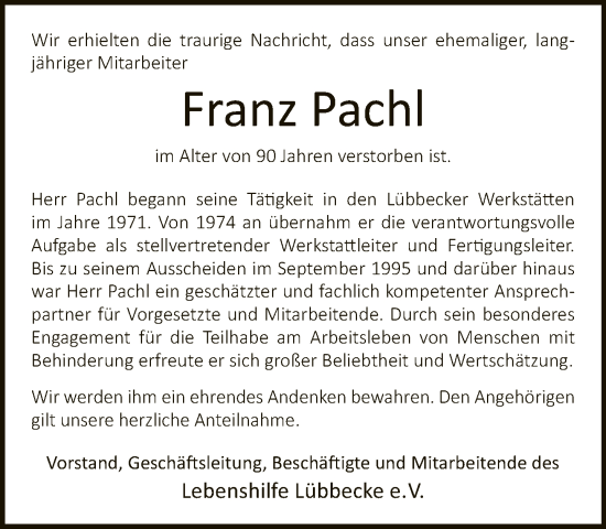 Traueranzeige von Franz Pachl von Neue Westfälische