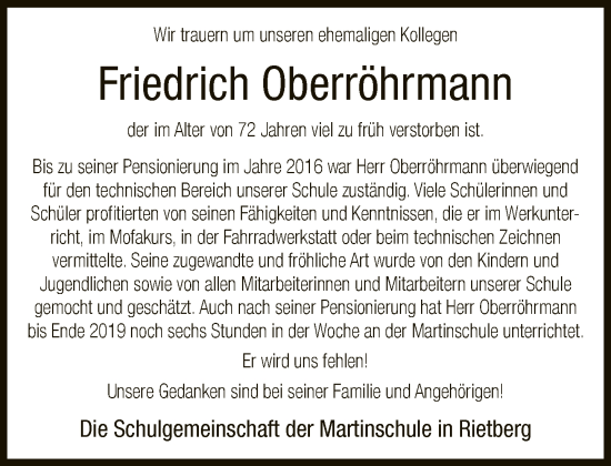 Traueranzeige von Friedrich Oberröhrmann von Neue Westfälische
